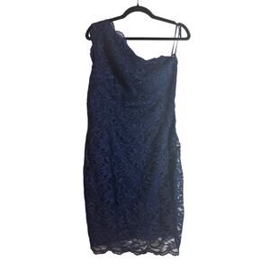 Roz & Ali Size 10 Blue One-Shoulder Lace Mini Dress Cocktail Party Shimmer Glam
